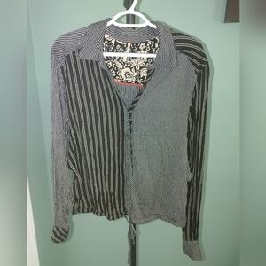 Free People Striped Black and White Button-Up Shirt Size Medium